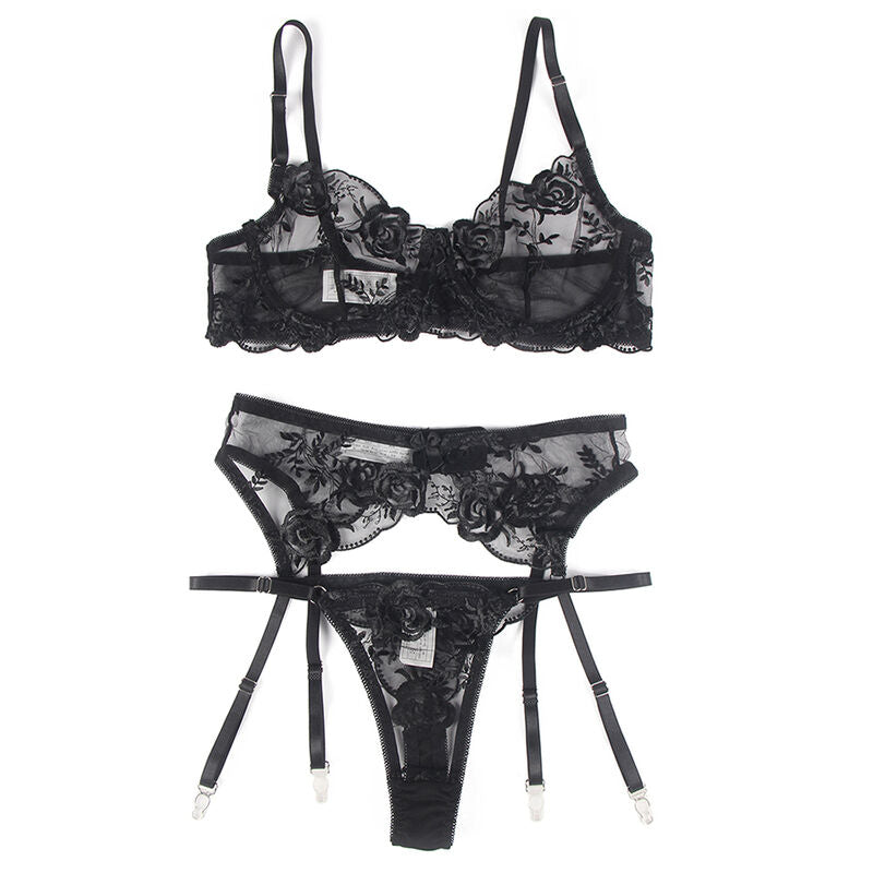 Subblime - Set De 3 Piezas Sujetador + Tanga + Liga Estampado Floral Negro S/M