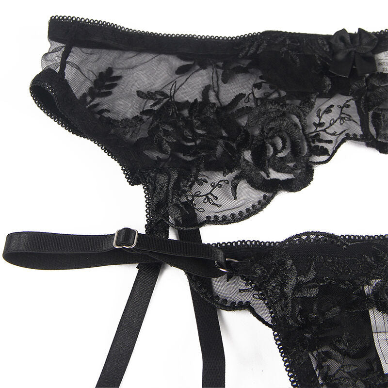 Subblime - Set De 3 Piezas Sujetador + Tanga + Liga Estampado Floral Negro L/Xl
