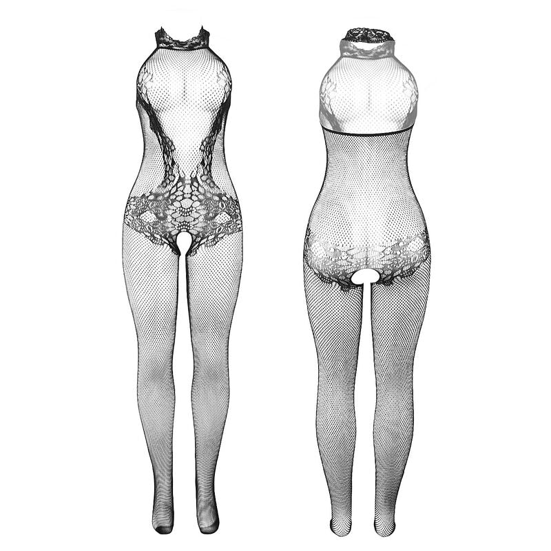 Subblime - 951801 Bodystocking Crotchless De Rejilla Y Encaje Con Cuello Alto Negro Talla Única