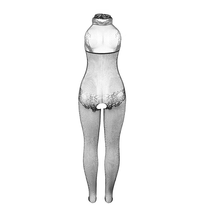 Subblime - 951801 Bodystocking Crotchless De Rejilla Y Encaje Con Cuello Alto Negro Talla Única