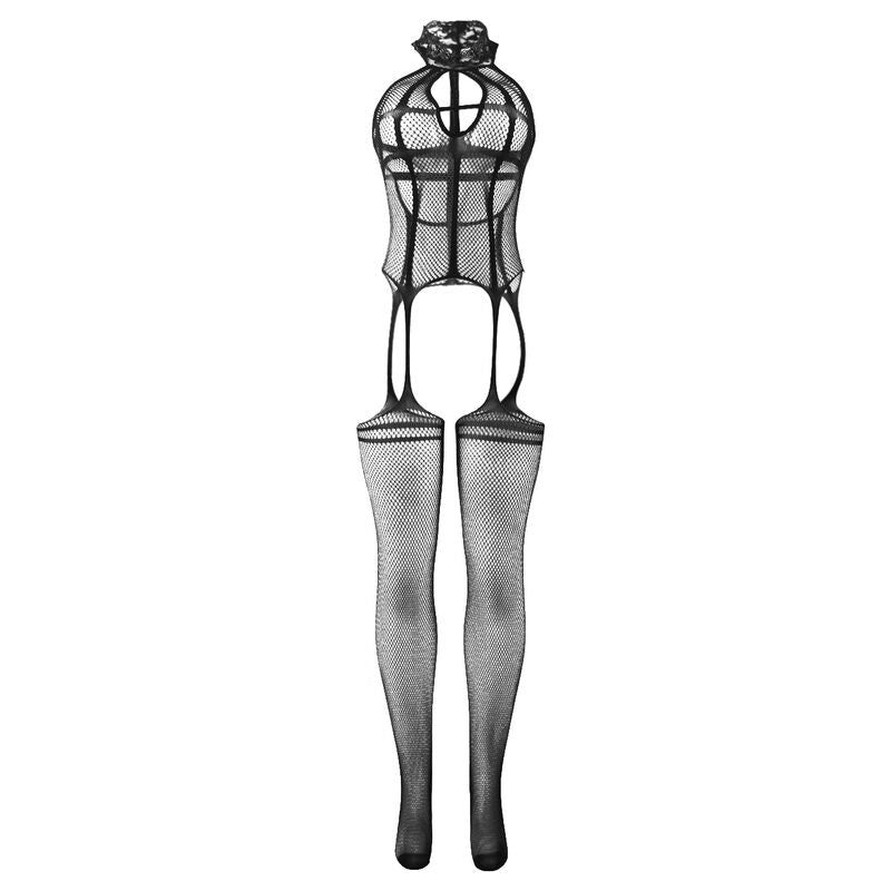 Subblime - 951986 Bodystocking Crotchless De Rejilla Con Estampados En El Cuello Negro Talla Única