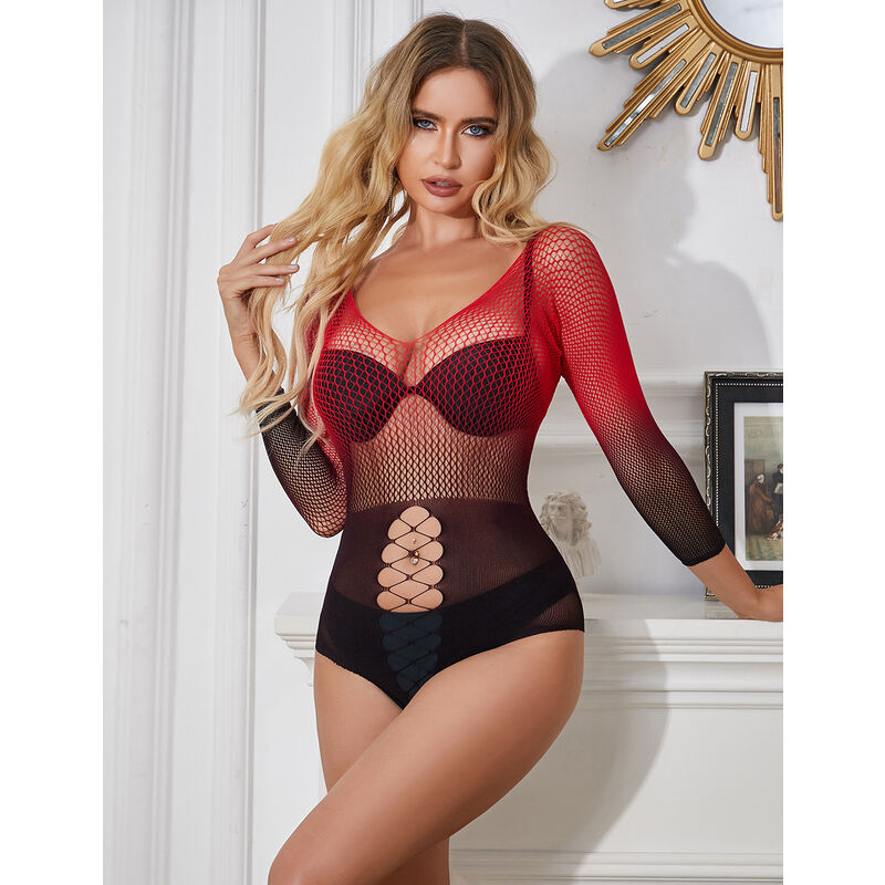Subblime - 952259 Bodystocking De Rejilla Elstico Manga Larga Degradado Rojo Y Negro Talla Única