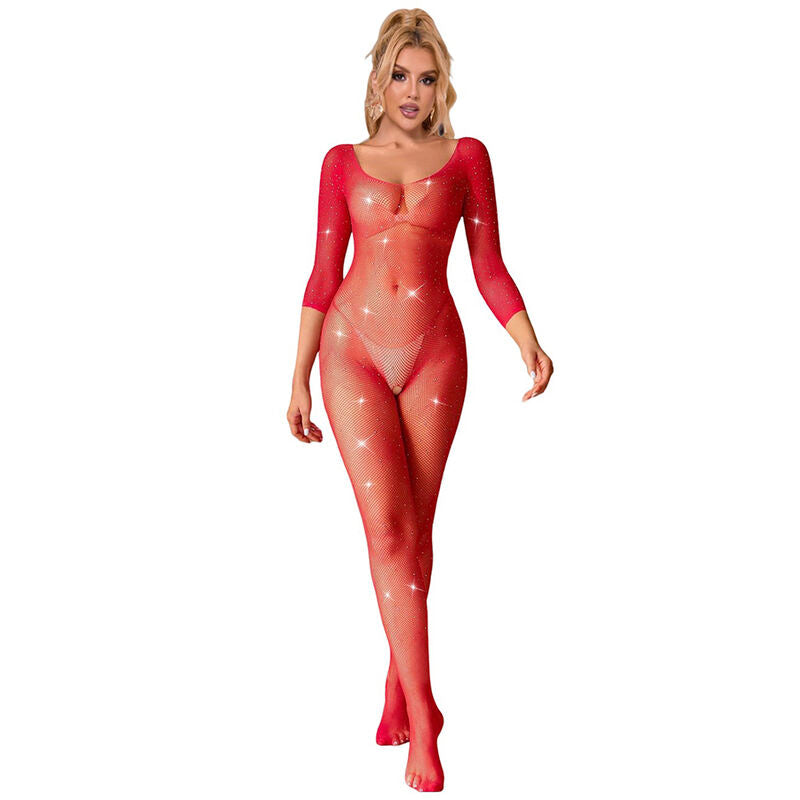 Subblime - 952419 Bodystocking De Rejilla Con Diamantes Manga Larga Rojo Xs/m