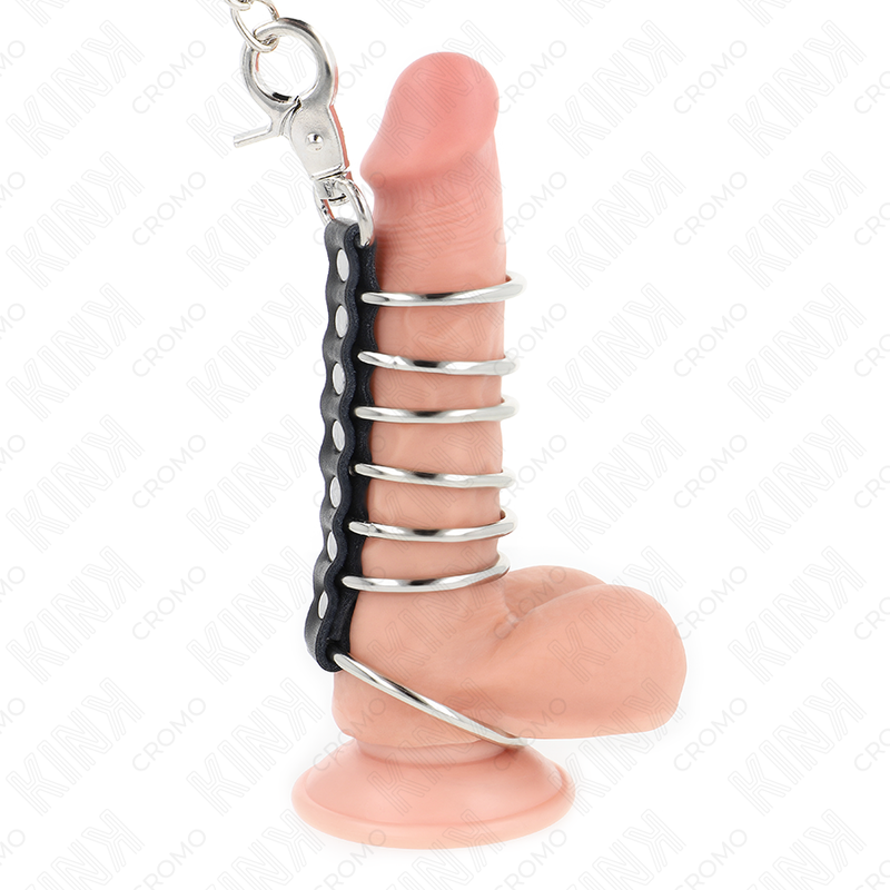 Kink - 7 Anillos Pene Metal 3.8 Cm A 5 Cm Conectados Con Polipiel Y Cadena Metal 100 Cm