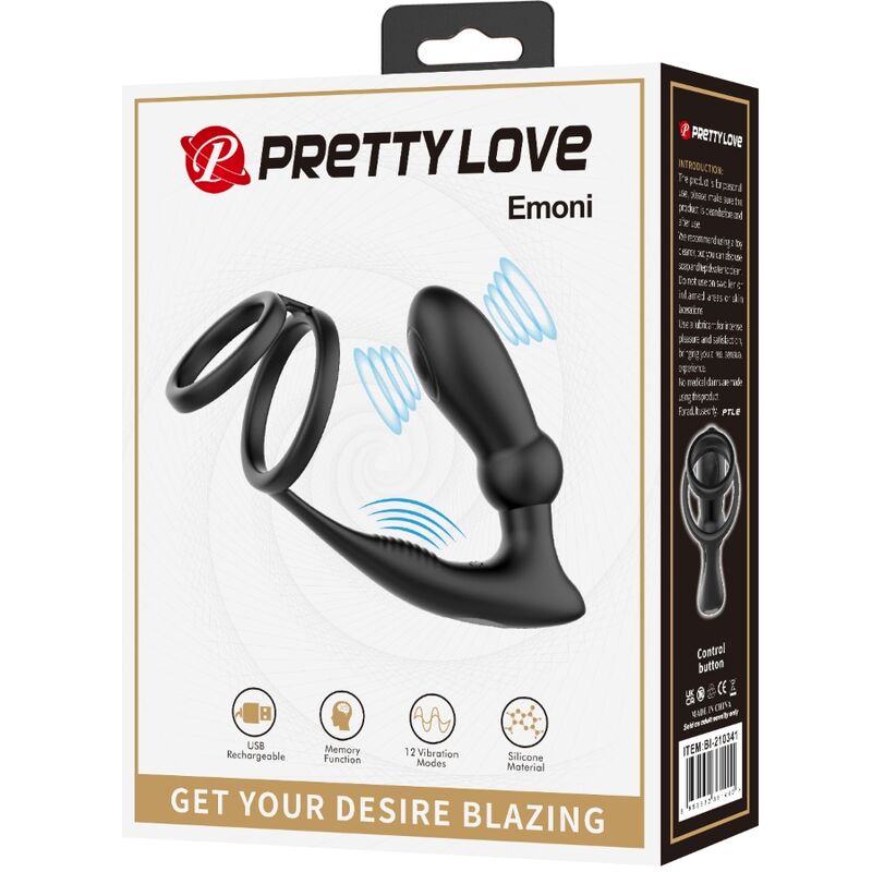 Pretty Love - Emoni Anillo Pene + Plug Anal 12 Vibraciones Negro