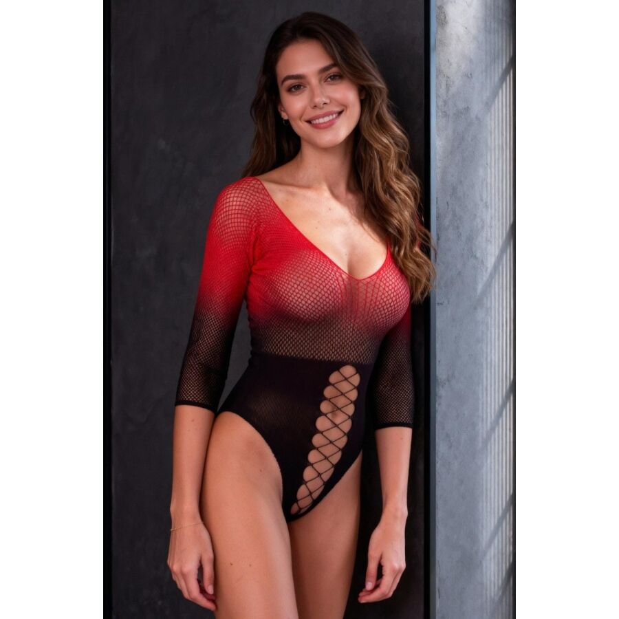 Passion - Bs118 Bodystocking De Malla Negro Y Rojo