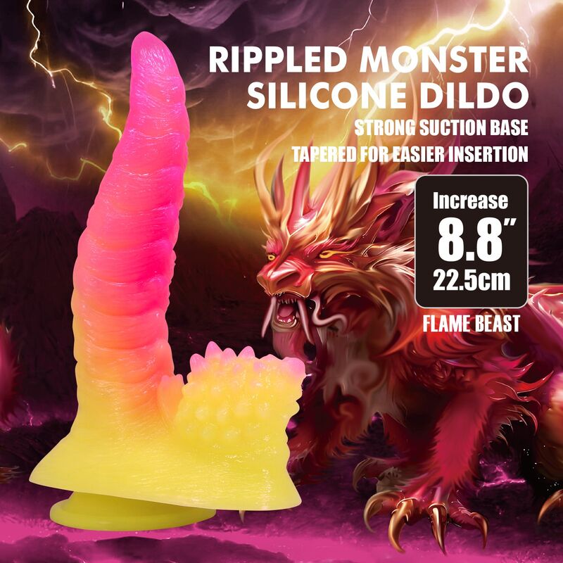 Power Monsters - Ripplied Monster Dildo Fantasía Con Ventosa 22,5 Cm Ø 5,5 Cm Rosa Y Amarillo