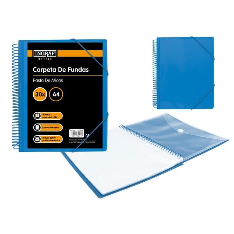 Ingraf Carpeta 30 Fundas Con Sobre Portada - Polipropileno Rigido - Espiral Plastica Indeformable - Apertura 360 Grados