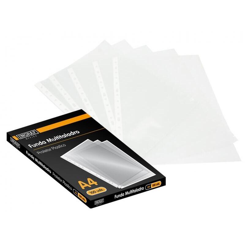 Ingraf Pack De 100 Fundas Multitaladro A4 - Uso En Carpetas De Anillas - Acabado Granulado - 70 Micras