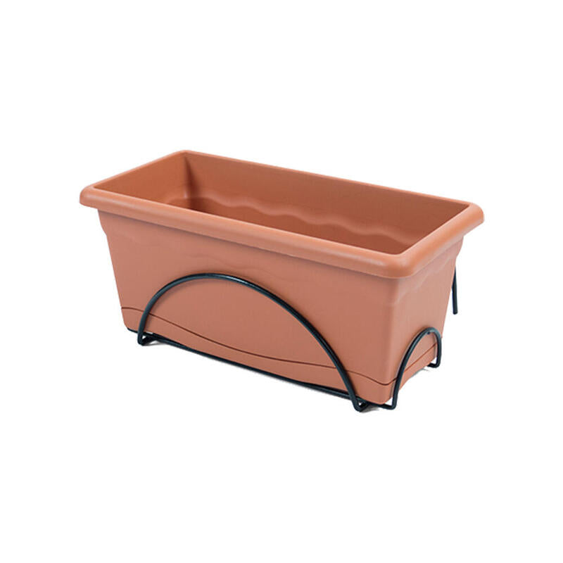 Jardinera Con Plato Integrado 50x20cm + Soporte Metalico. Color Terracota
