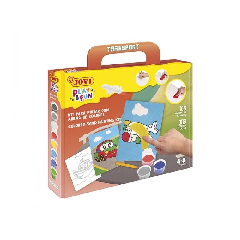 Jovi Play & Fun Kit Pinta Con Arena Transport Con 8 Botes De Arena + 1 Punzon + 3 Laminas Con Diseños De Transportes -