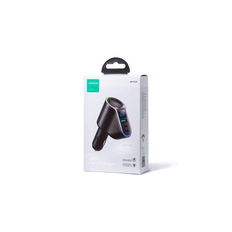Joyroom Car Charger 4-In-1, Bluetooth Fm Transmitter C+C+U+Cigarette, Pd 150w, Black (Jr-Cl21)
