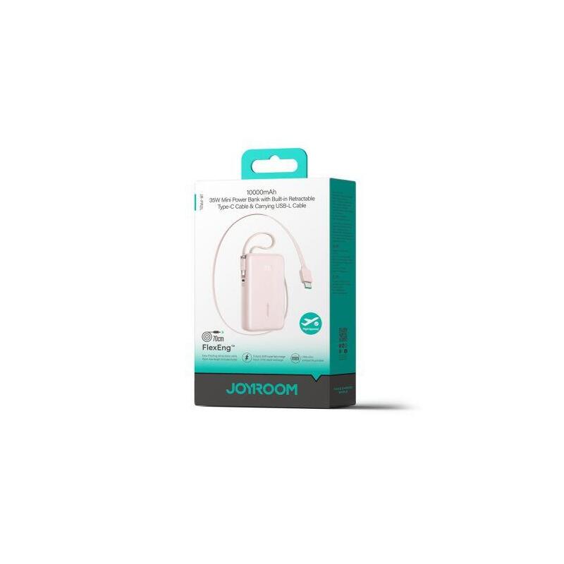Joyroom Power Bank With Digital Display, C+U+U, Pd 35w, 10000 Mah With Built-In Retractable Typle-C And Lightning Lanyard Cable (0.7m) Pink(Jr-Pr2l)