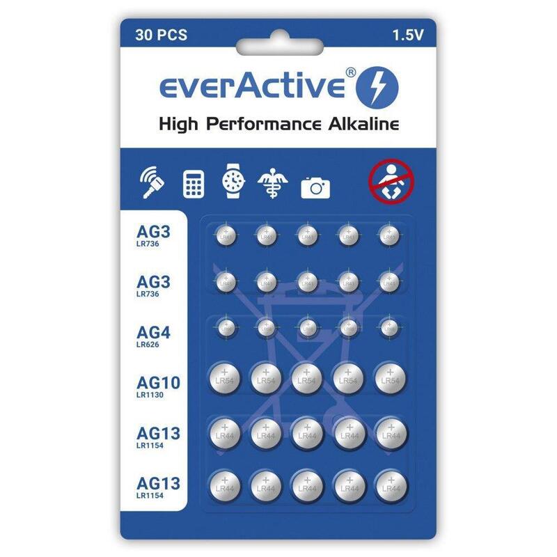 Juego De Mini Pilas Alcalinas Everactive 10 X G3 / Lr41, 5 X G4 / Lr626, 5 X G10 / Lr1130, 10 X G13 / Lr1154