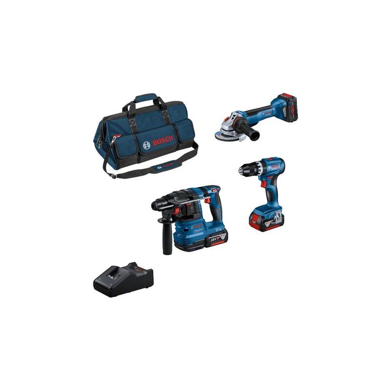 Kit Combinado De Batería Bosch Professional Gsb 18v-45 + Gws 18v-10 + Gbh 18v-22, Taladro Percutor Azul, 2 Baterías De Iones De Litio De 5,0 Ah, 1 Batería De Iones De Litio Procore18v 5,5 Ah, Bolsa De Herramientas 0615a5004c
