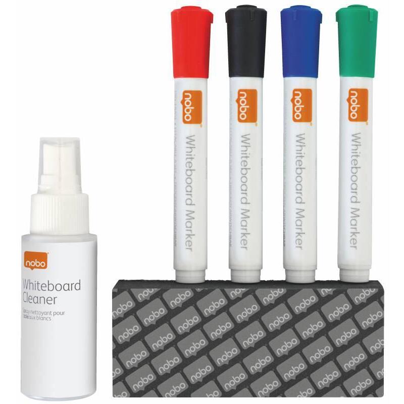 Kit De Inicio De Pizarra De Borrado En Seco Nobo, 4 Rotuladores, Limpiador En Aerosol 125 Ml, Esponja No Magnética