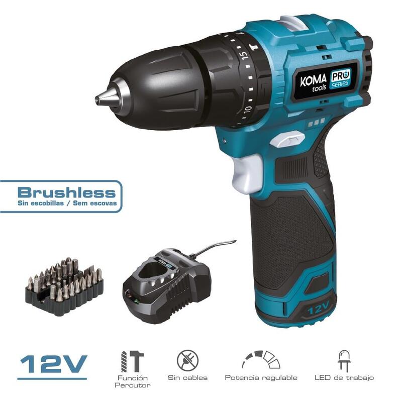 Kit Maletín Taladro Percutor Brushless 12 V Con Accesorios, Bateria Y Cargador