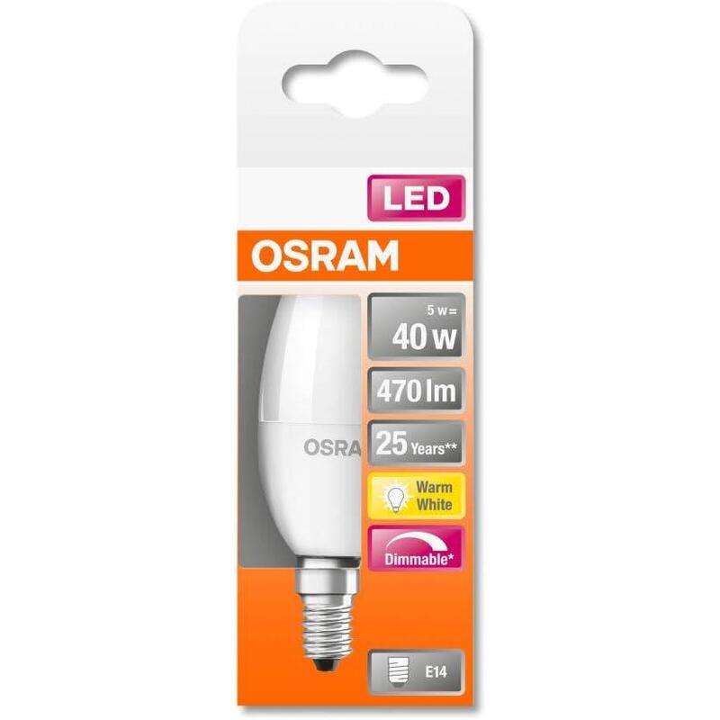 Lámpara Led Osram E14, Blanco Cálido (2700k), Forma De Vela, 5w, Recambio Para Bombilla De 40w