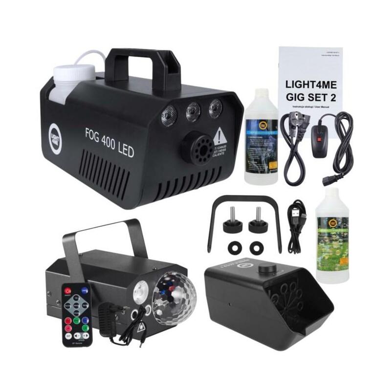 Light4me Gig Set 2 - Set (Generador De Humo + Líquido Para Humo 1 L + Generador De Burbujas Recargable + Líquido Para Burbujas 1 L + Efecto De Iluminación 4 En 1)