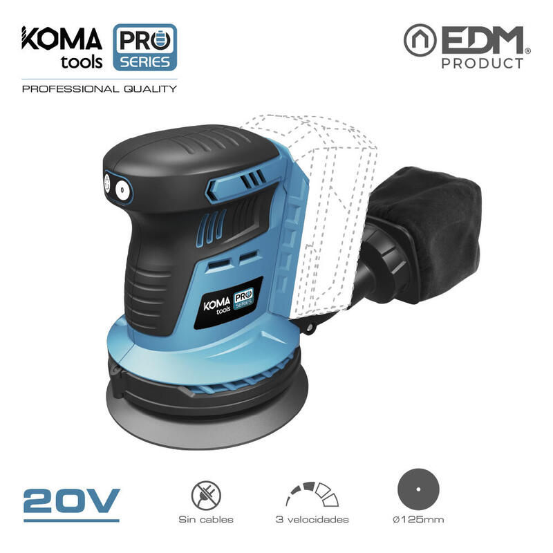 Lijadora Excentrica 20v Brushless (Sin Batería Ni Cargador) 13x30x15cm Koma Tools Pro Series Battery
