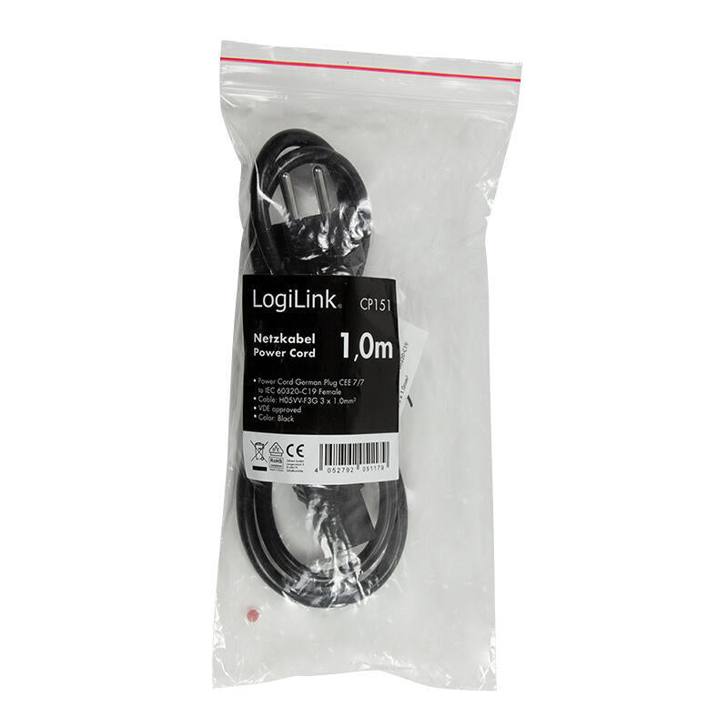 Logilink Cable De Alimentacion Cee 7/7-Iec C19, Black, 1,00m