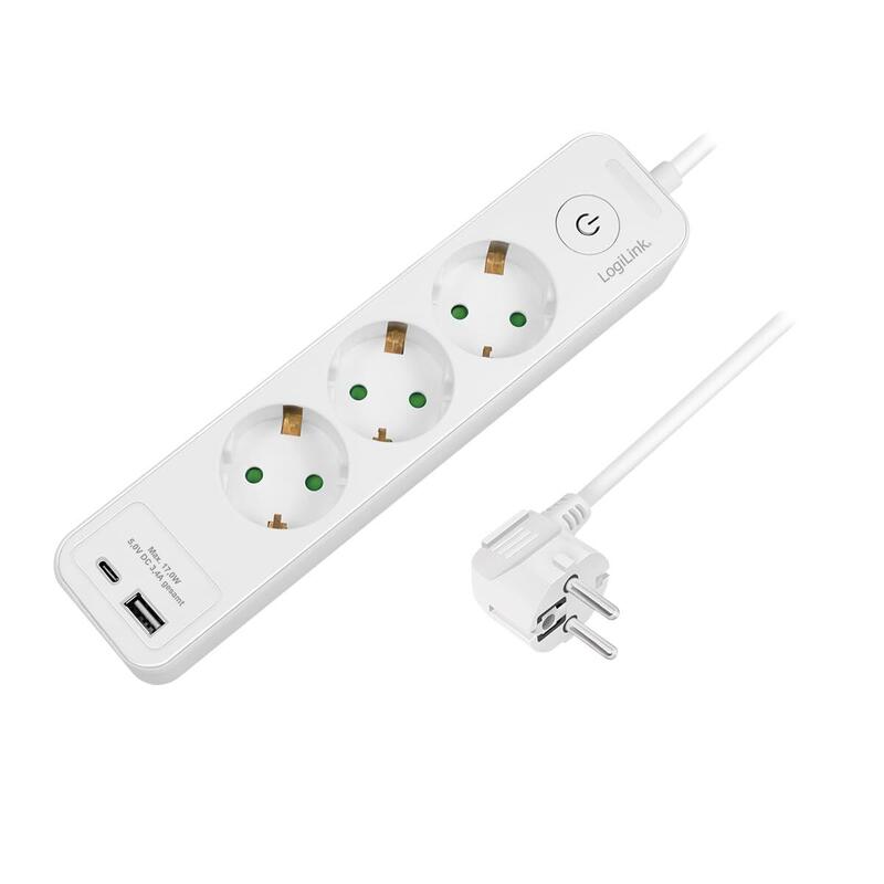 Logilink Outlet Strip, 3 Safety Sockets, W 1x Usb-A, 1x Usb-C Port, White