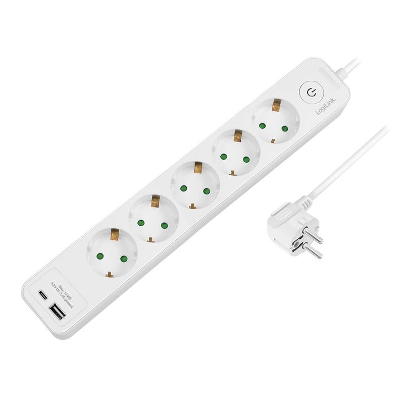 Logilink Outlet Strip, 5 Safety Sockets, W 1x Usb-A, 1x Usb-C Port, White