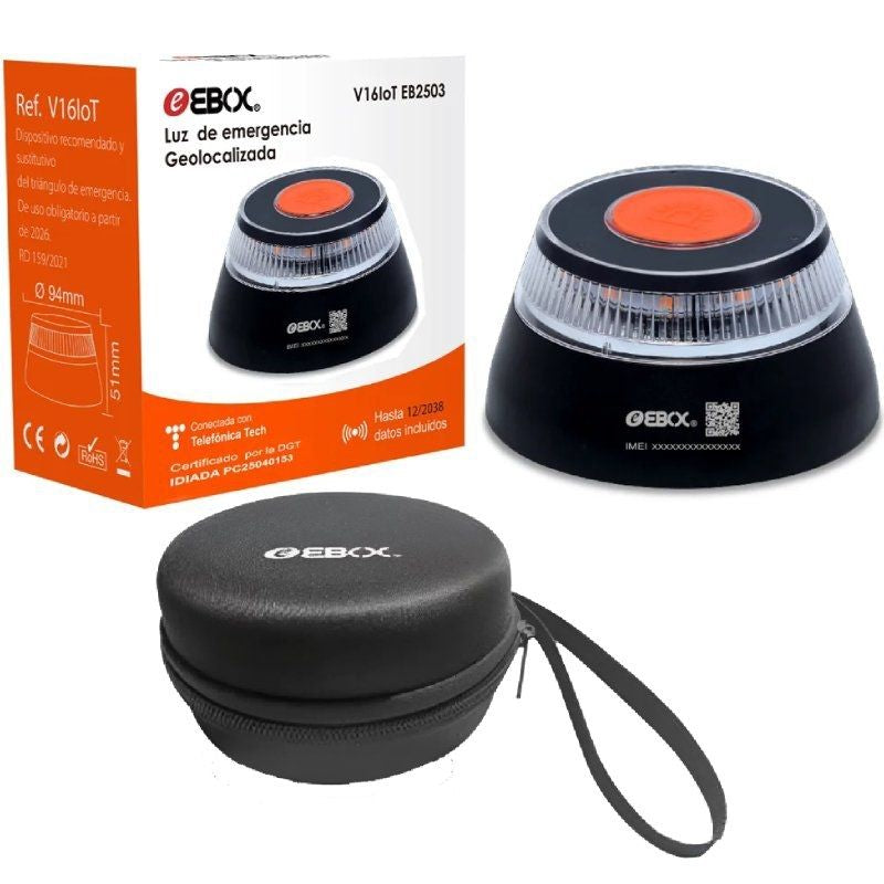 Luz Baliza De Emergencia Para Coche Ebox V16 Iot Eb2503 Homologada Base Imantada Geolocalizable Funciona A Pilas Incluye Funda
