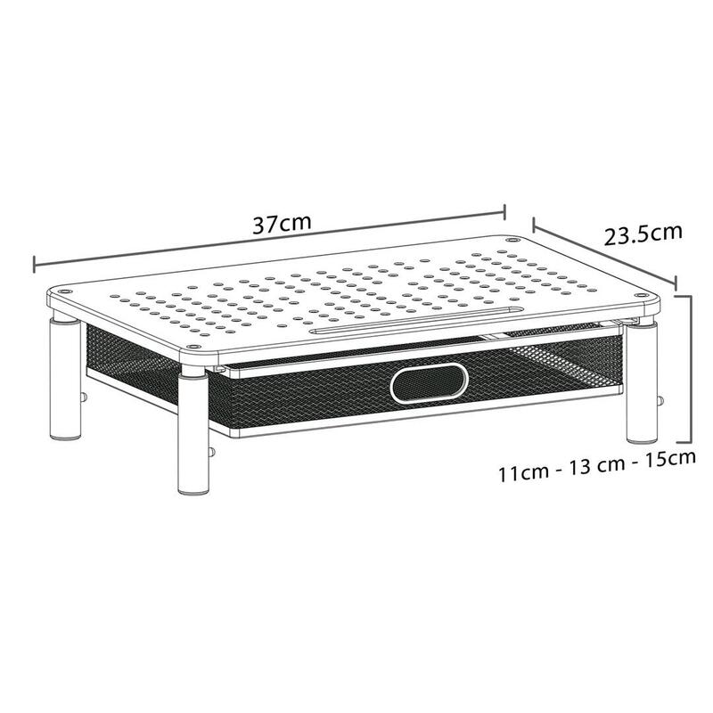 Maclean Mc-947 Soporte Ergonómico Para Monitor/Portátil Con Cajón, Tamaño De Pantalla De 13 A 32 Pulgadas, Altura Ajustable, Superficie Perforada