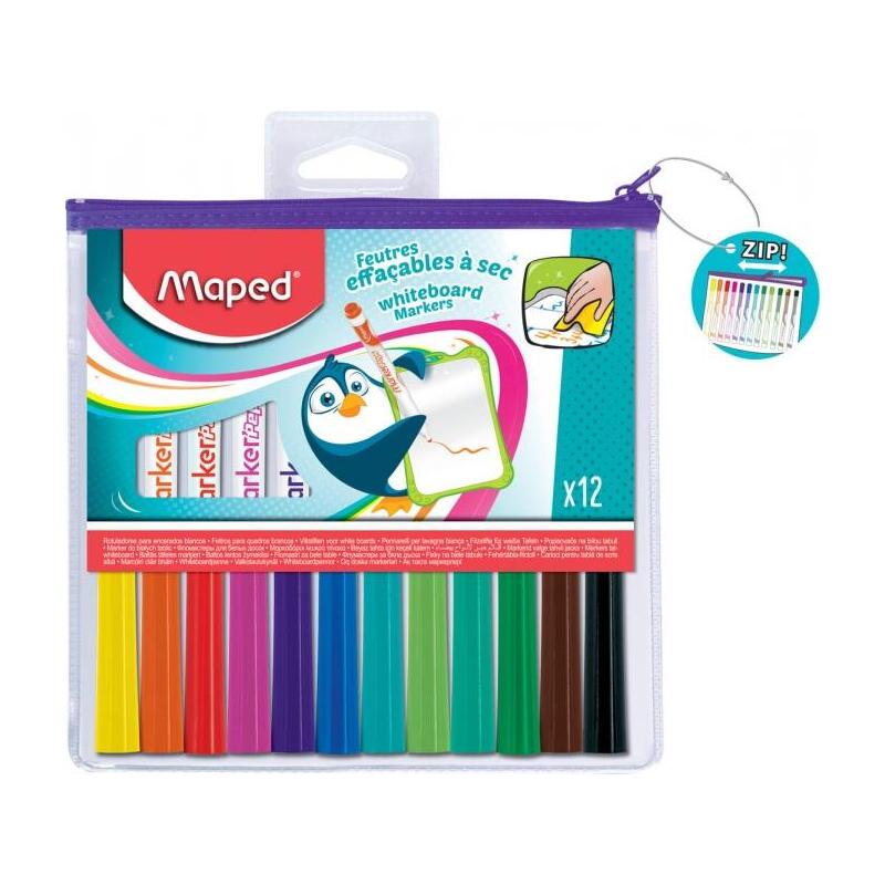 Maped Marker'Peps Pack De 12 Rotuladores Para Pizarra Blanca - Punta De Bala 1.5mm - Borrado En Seco - Practica Bolsa