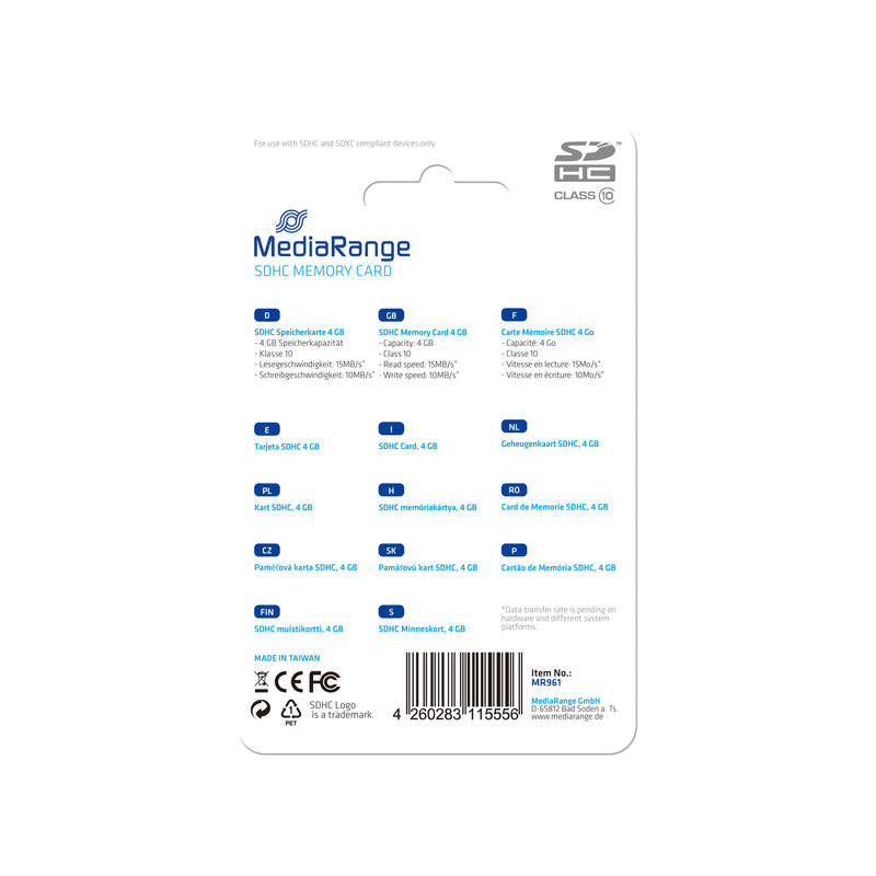 Mediarange Sd Card 4gb Sdhc Cl.10 Mr961