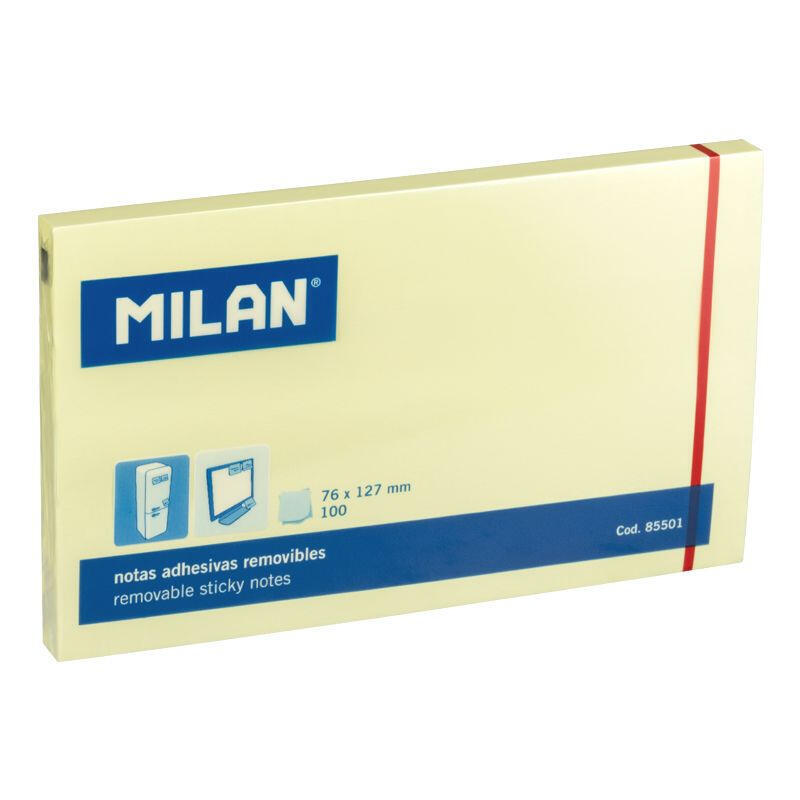 Milan Bloc De 100 Notas Adhesivas - Removibles - 76mm X 127mm - Color Amarillo Claro