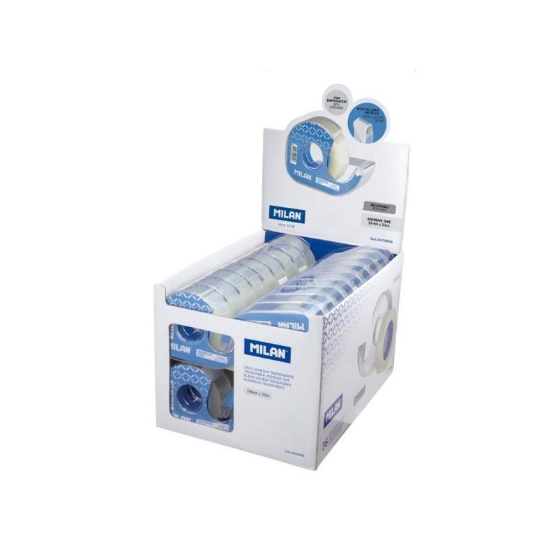Milan Expositor De 36 Cintas Adhesivas Transparentes Con Dispensador - Medidas 19mm X 33m - Transparente Brillante