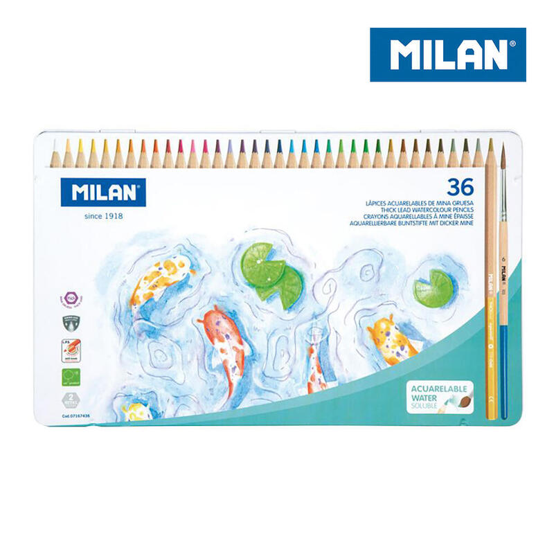Milan Lápices De Colores Acuarelables Mina Gruesa + Pincel Colores Surtidos Caja Metálica 36 Ud