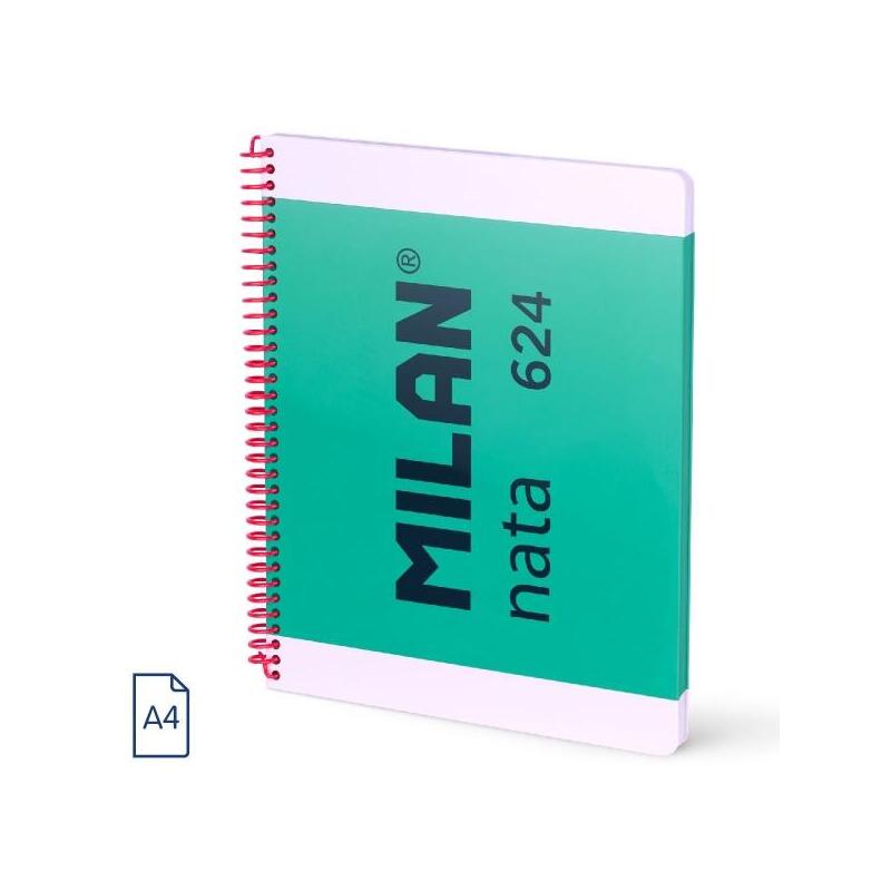 Milan Nata 624 Cuaderno Espiral Formato A4 Liso - 80 Hojas De 95 Gr/M2 - Microperforado, 4 Taladros - Verde