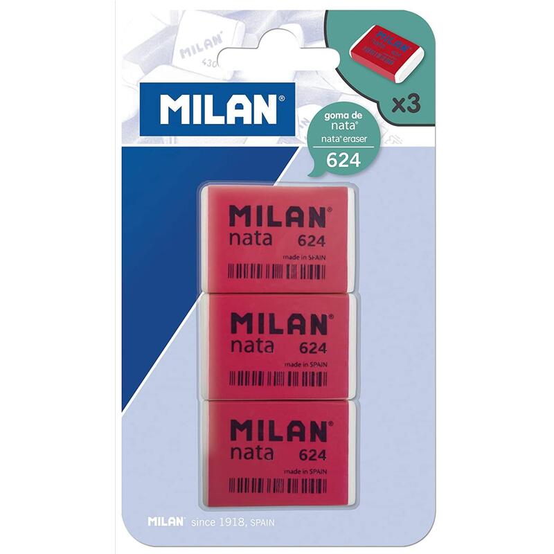 Milan Nata 624 Pack De 3 Gomas De Borrar Rectangulares - Plastico - Suave - No Abrasiva - Color Rojo/Blanco