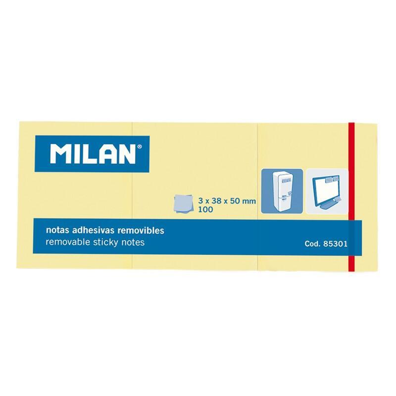 Milan Pack De 3 Blocs De 100 Notas Adhesivas - Removibles - 38mm X 50mm - Color Amarillo Claro