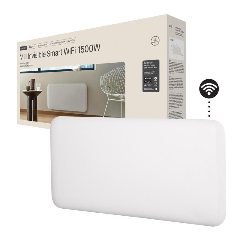 Mill Invisible Radiador Eléctrico Wi-Fi 1500w, Calefactor Inteligente 18-22 M2, Blanco, Diseño Noruego