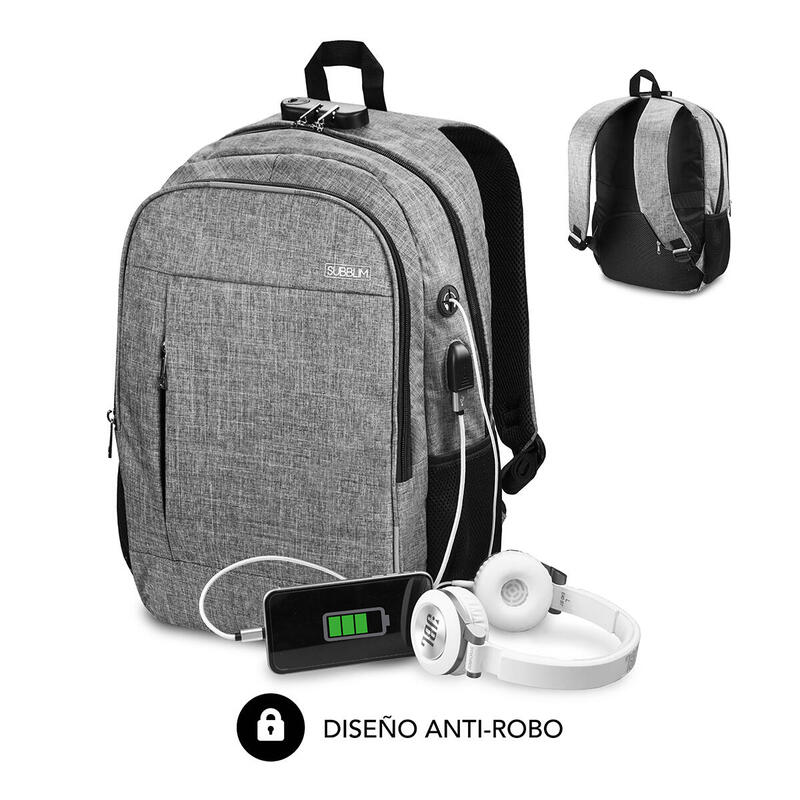 Mochila Subblim Urban Lock Grey Para Portátiles Hasta 16'/40.64cm 44*30*14cm Bloqueo Antirrobo Puerto Usb Salida Auriculares