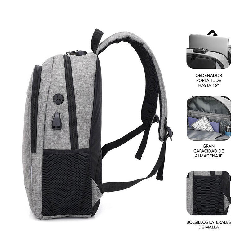 Mochila Subblim Urban Lock Grey Para Portátiles Hasta 16'/40.64cm 44*30*14cm Bloqueo Antirrobo Puerto Usb Salida Auriculares