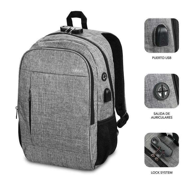 Mochila Subblim Urban Lock Grey Para Portátiles Hasta 16'/40.64cm 44*30*14cm Bloqueo Antirrobo Puerto Usb Salida Auriculares