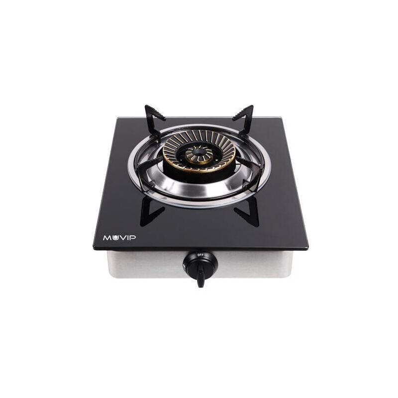 Muvip Cocina De Gas Inox 1 Fuego - Cristal Templado - Encendido Piezoelectrico - Quemador De Hierro Fundido Desmontable