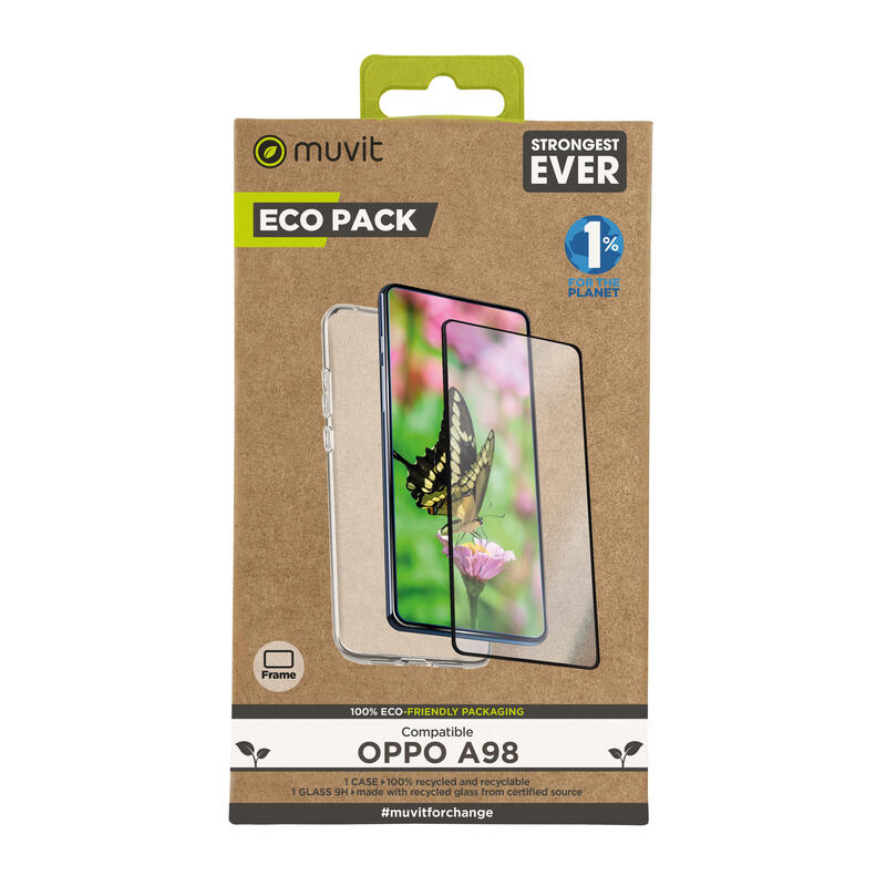 Muvit For Change Funda Compatible Con Oppo A98 + Protector De Pantalla Vidrio Templado Plano Con Marco Negro