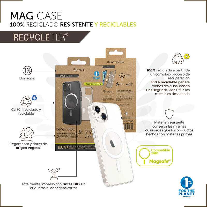 Muvit For Change Funda Recycletek Magsafe Compatible Con Apple Iphone 14 Plus Transparente