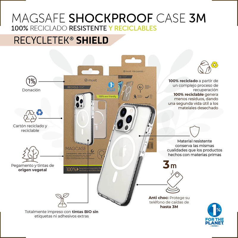 Muvit For Change Funda Recycletek Magsafe Shockproof 3m Compatible Con Apple Iphone 14 Pro Max Transparente/Negra