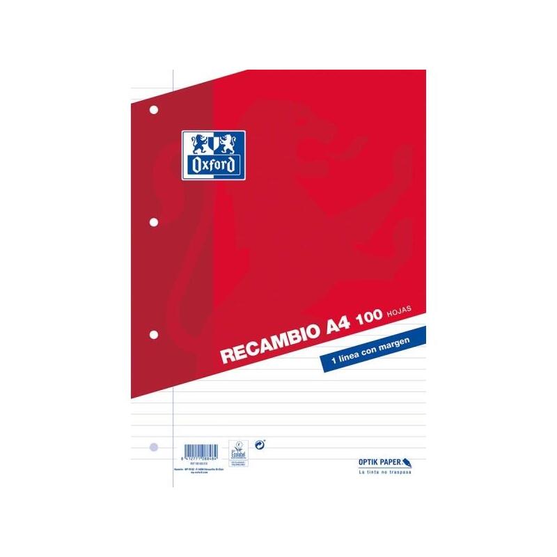 Oxford Classic Recambio De 100 Hojas Sueltas A4 1 Linea Horizontal Con Margen 4 Taladros