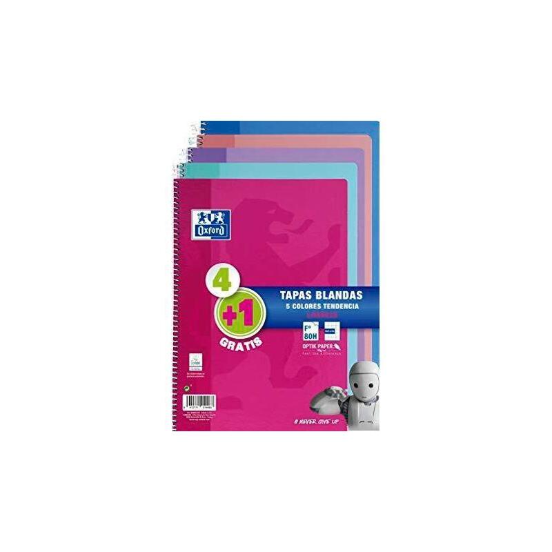 Oxford Cuaderno Espiral 80 Hojas 4x4 Con Margen Tapas Blandas Folio Colores Tendencia -Pack 4+1-