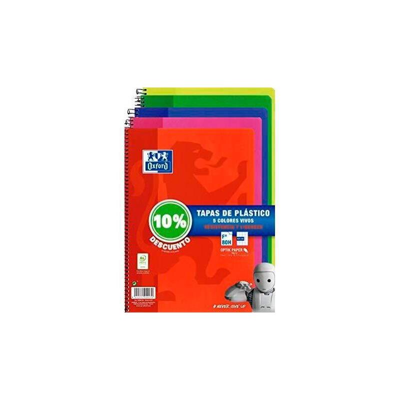 Oxford Cuaderno Espiral 80 Hojas 4x4 Con Margen Tapas De Plástico Folio Colores Vivos (10% Dto) -Pack 5u-