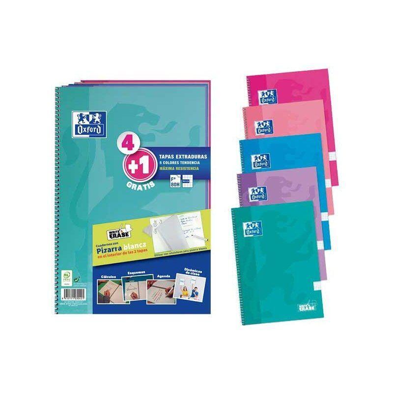 Oxford Cuaderno Espiral Write&Erase 80 Hojas 4x4 Con Margen Tapas Extraduras Folio Colores Tendencia -Pack 4+1-