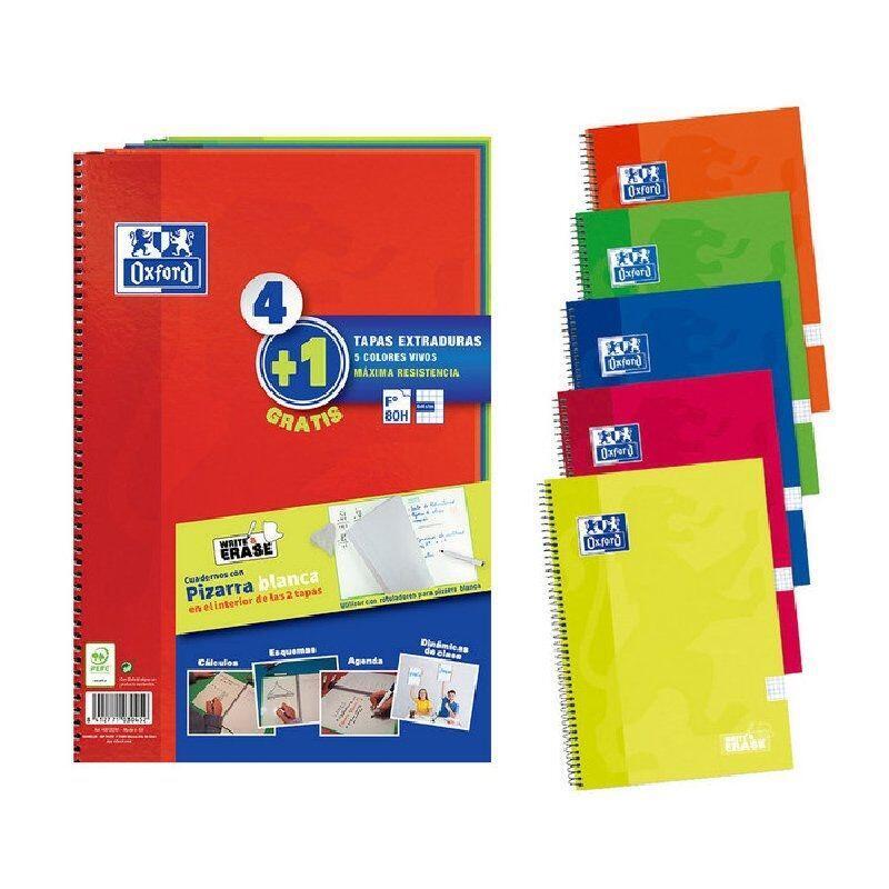 Oxford Cuaderno Espiral Write&Erase 80 Hojas 4x4 Con Margen Tapas Extraduras Folio Colores Vivos -Pack 4+1-